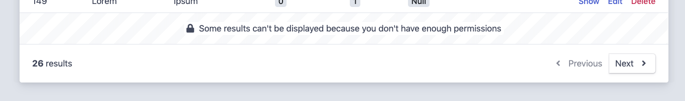 Index page with some results hidden because user does not have enough permissions
